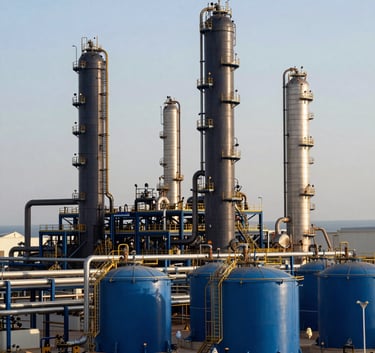 An expansive industrial chemical processing plant featuring dark navy blue piping and professional steel blue tanks. Located in a Middle Eastern / Turkish coastal industrial zone during daylight. Professional architectural photography style.