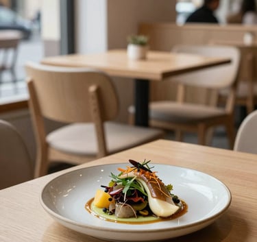 A cozy, Scandinavian-style restaurant interior in a European city, with minimalist light wood furniture, soft natural lighting, and a close-up of a beautifully plated seasonal dish on a matte ceramic plate.