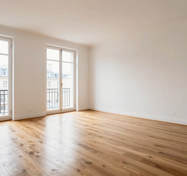 A brightly lit, wide-angle shot of a spacious Parisian apartment interior that has been perfectly cleared and swept clean. The hardwood floors are gleaming, and the empty space feels airy and refreshed. Professional photography style.
