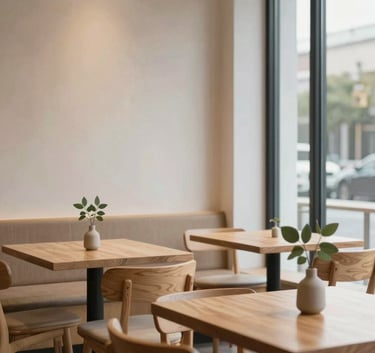 A cozy, minimalist restaurant interior with light wooden furniture, crisp parchment walls, and small vases with matte forest green leaves on the tables. Soft evening light through large windows.