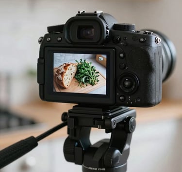 Close-up of a professional camera on a tripod in a bright, scandinavian-style kitchen, focus on a digital screen showing a layout of fresh bread and matte forest green herbs. Soft natural lighting, professional and clean.