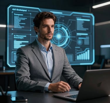 Professional South American Brazilian business person using a sleek, glowing interface in a dark, tech-focused setting, reflecting reliability and innovation in AI solutions.