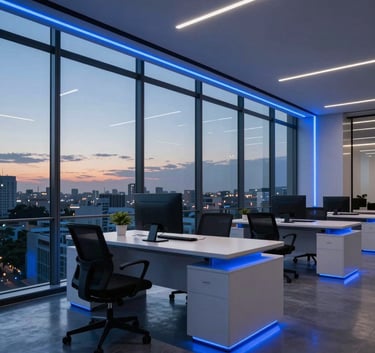 A sophisticated South American Brazilian office at dusk with panoramic windows, where electric blue neon lines accentuate the sharp, modern furniture and high-tech atmosphere.