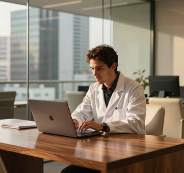 A professional Brazilian data scientist in a modern glass-walled office in São Paulo, examining a laptop. Warm golden light filters through the space, highlighting mahogany textures and cream-colored furniture.