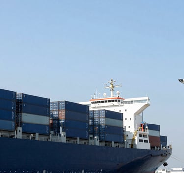 A wide-angle, professional photograph of a massive cargo ship docked at the Ningbo port, featuring navy blue containers, clear sky, and bright, optimistic daylight.