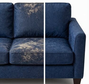 A split-screen style photograph of a fabric sofa. The left half is heavily stained and dusty, while the right half is perfectly clean, vibrant, and restored to its original navy blue color. Clean, sharp lines between the sections, professional studio lighting.