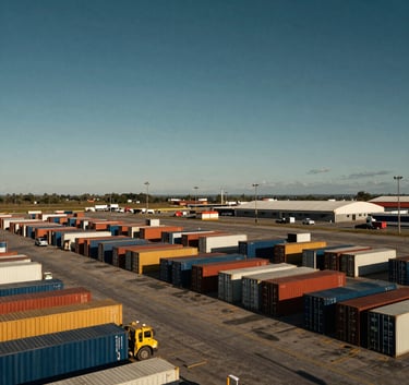 A vast paved logistics yard in South America with organized cargo containers and transport infrastructure, clear sky, professional photography, utilizing a palette of dark blue and gold mustard colors.