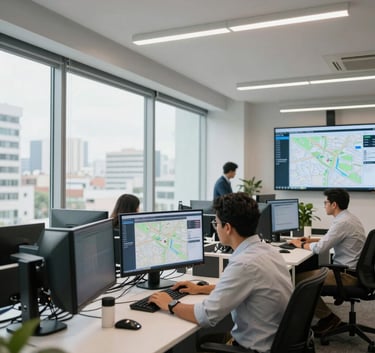 A modern and clean interior of a logistics management office in São Paulo, featuring large windows, digital screens showing maps, and professional South American staff collaborating at workstations, lighting is bright and airy.