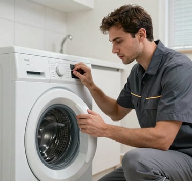 A professional repair technician in a neat uniform confidently diagnosing a front-loading washing machine in a contemporary Middle Eastern / Gulf residence.