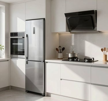 A pristine, modern Middle Eastern / Gulf kitchen featuring high-end appliances, illuminated by natural sunlight to evoke a clean, professional, and trustworthy mood.