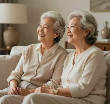 A happy senior couple in a high-end living room, looking relaxed and financially secure, soft warm lighting with accents of #C7B090.