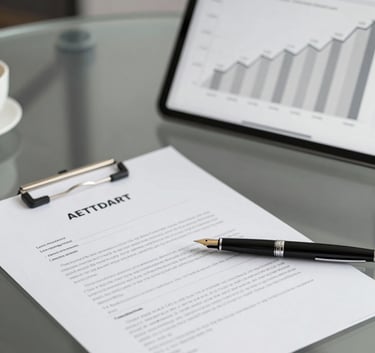 Sophisticated office setting with a glass desk, a fountain pen on a loan contract, and a tablet showing a growing financial chart, using tones of #1A2A2A and #F8F5EF.