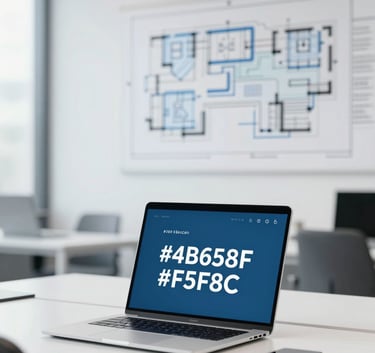 A modern, professional office workspace with clean lines, a laptop, and strategic blueprints on the wall, bright and insightful atmosphere, highlighting #4B6587 and #F5F8FC tones.