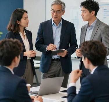 A collaborative team of diverse professionals in a high-end studio discussing marketing trends, candid and professional, sophisticated lighting with #1C2E46 accents.