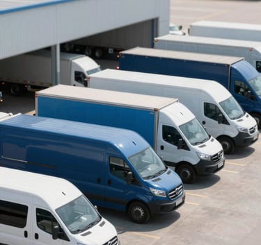 A fleet of various transport vehicles, from small vans to heavy-duty trailers, lined up perfectly at a modern logistics terminal. The scene is clean and professional, incorporating the brand colors #8BAABF and #0B1B2B.