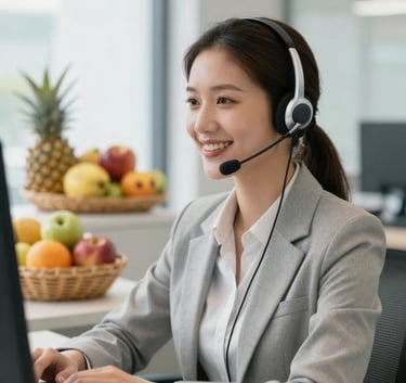 A professional customer service representative wearing a sleek headset, smiling warmly in a bright, modern Brazilian office with a soft-focus background of baskets containing fresh tropical fruits.