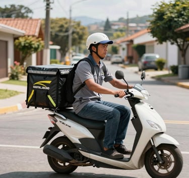 A professional delivery person in a neat uniform riding a clean scooter through a sunny South American suburban street, carrying a thermal delivery box, captured in a bright, energetic lifestyle shot.