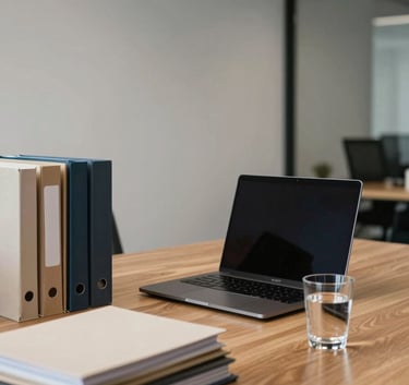 A wide-angle shot of a minimalist and modern office workspace in Lisbon, featuring a high-end laptop, neatly organized folders, and a glass of water on a wooden desk, professional and efficient atmosphere.
