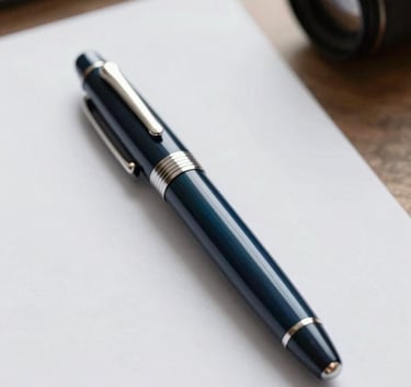 A close-up photograph of a luxury fountain pen resting on a crisp white document, professional office environment in European Portuguese style, soft natural morning light, palette with deep navy blue and teal accents.