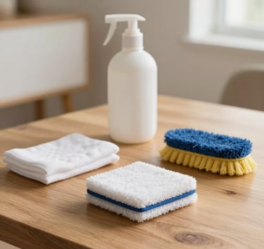 Clean wooden surfaces and professional eco-friendly cleaning tools arranged neatly, bright and airy atmosphere, Latinoamericano residential interior, high-quality photography.