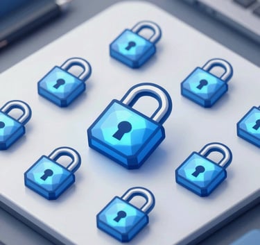 Clean digital illustration of glowing Blue Gem Locks from Growtopia arranged artistically on a sleek professional surface, incorporating colors #2C5D8B and #F0F8FF.