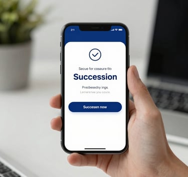 Modern workspace with a smartphone displaying a secure transaction successful screen, professional and clean aesthetic using #2C5D8B.