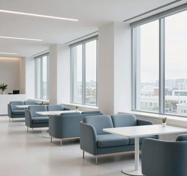 A high-end, minimalist North American business lounge. Clean white surfaces, designer furniture in slate blue, and large windows. The lighting is bright and natural, reflecting a professional and results-driven atmosphere.