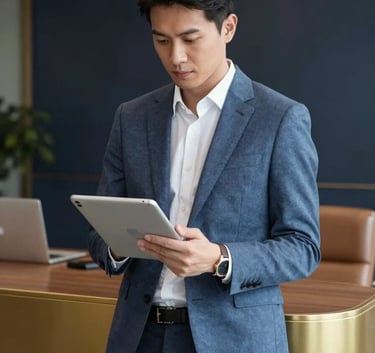 A sophisticated professional in a slate blue blazer looking at a tablet in a modern office with gold tan furniture accents and dark navy walls.