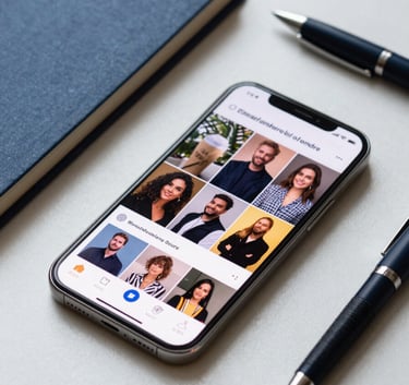 A close-up of a high-end smartphone displaying a vibrant social feed, resting on a pale silver desk next to a slate blue notebook and a dark navy pen.