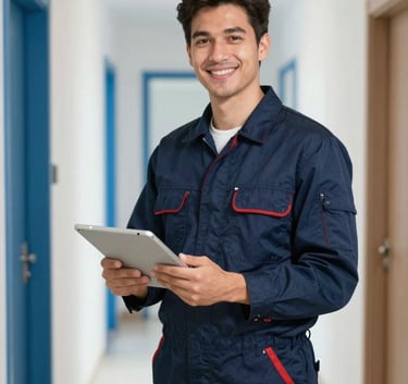A professional electrician in a navy blue uniform holding a tablet and smiling in a bright, modern European / Spanish hallway. Soft sky blue accents, professional and friendly atmosphere.