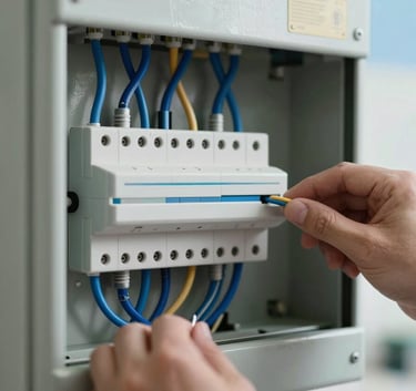 Detailed close-up of a high-quality electrical panel being wired by a professional in a modern European / Spanish apartment. Soft sky blue and royal blue wires visible.