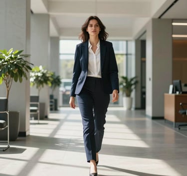 A confident professional in business attire walking through a modern, sun-lit office lobby in a North American / Mexican metropolitan area, representing professional growth and controlled leadership.