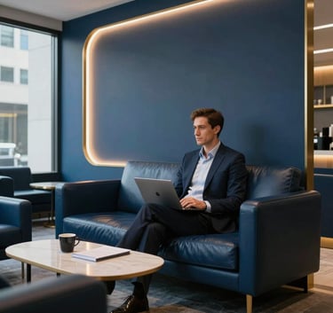 A stylish, dark blue themed business lounge in a North American / US metropolitan building. Gold lighting accents, leather seating, and a confident, professional vibe for executive recruitment.