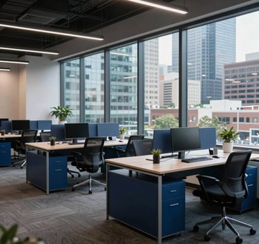 A modern, open-plan office space in a North American / US city with sleek furniture, dark blue accents, and a large window overlooking a tech hub. Professional and results-driven atmosphere.
