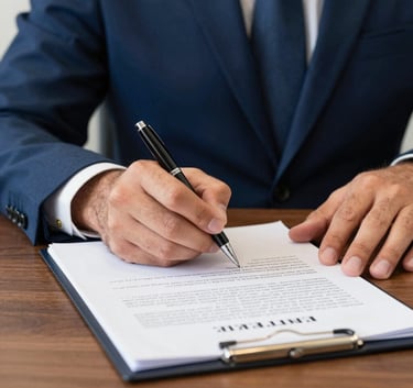 Close-up of a man in a professional navy blue suit signing legal documents with a high-quality pen, natural lighting, Brazilian law office setting.