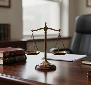 A close-up of a mahogany office desk with a classic scale of justice, leather-bound books, and a view of a bright office window in the background, Sul-americano style, professional lighting.