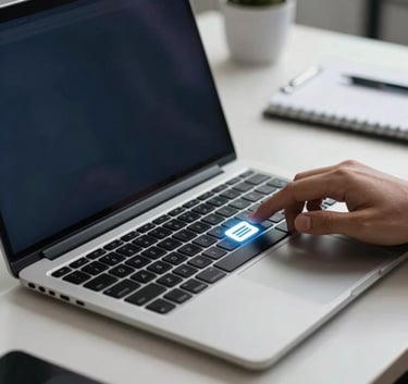 Close up of a sleek, high-end laptop on a clean desk in a French office, a hand clicking on a service request icon, dark navy blue accents, sharp focus.