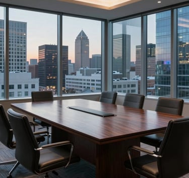 A wide-angle interior shot of a sophisticated, empty boardroom with a large dark wood table and floor-to-ceiling windows showing a North American business district at dusk.