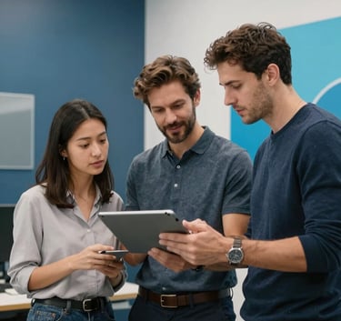 Action shot of tech professionals in a modern North American / US office discussing a project on a tablet. The environment is clean and professional with Steel Blue and Ocean Blue branding elements visible on the walls. The lighting is focused and clean.