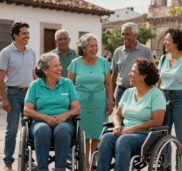 A diverse and joyful group of people including individuals with visible disabilities laughing together in a sunny Latin American / Spanish town square, soft sunlight, professional photography, teal and soft aqua clothing details.
