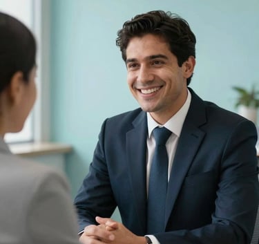 A professional lawyer in a modern Latin American / Spanish office, smiling warmly while conversing with a client, soft aqua blue walls, natural lighting, atmosphere of trust.