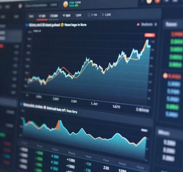 A close-up of a high-tech financial dashboard displaying real-time market growth curves and AI analytical data, clean interface, soft lighting, incorporating #1C3B4E and #E0E8F0.