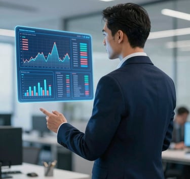 A professional investor viewing a holographic market analysis chart, modern office setting, cool lighting, sophisticated atmosphere using #0B132B and #5082A7.
