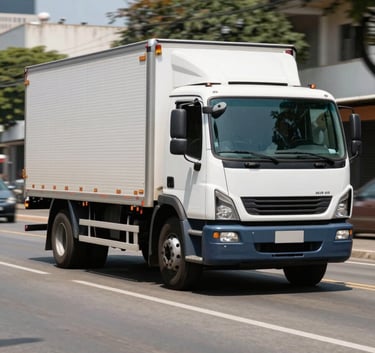A medium-sized white cargo truck navigating a clean, sunlit Brazilian urban street. The truck is well-maintained with steel blue details. Professional action shot with a slight motion blur on the background to emphasize speed and punctuality.
