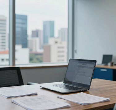 Photography of a bright, modern logistics office in a South American city. Large windows in the background reveal a soft-focus urban skyline. A clean mahogany desk features a sleek laptop and organized paperwork. Professional and trustworthy atmosphere with light blue and dark blue accents.