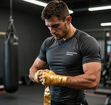 A male MMA athlete training in a high-performance facility, seen from the waist up in a dark gray compression top. He is wrapping his hands with gold-tinted wraps. Dark, atmospheric lighting with a premium feel. Global / Performance Athletics.