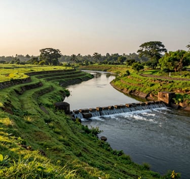 Wide angle photography of a lush South Asian watershed landscape during the golden hour, featuring contour bunding and a small stone check dam, with vibrant greenery and a clear sky.