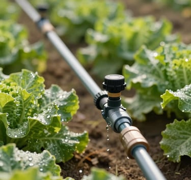 Detailed close-up of a modern drip irrigation system in a South Asian field, sunlight glinting off clean water droplets on bright green vegetable leaves, soft-focus agricultural background.