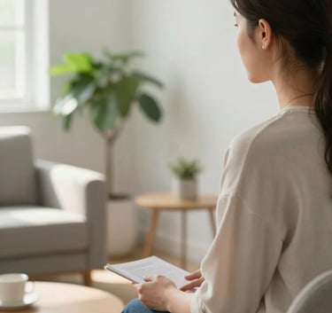 A professional and empathetic person sitting in a bright, modern North American counseling room, listening with care. The setting is clean and accessible, with a soft green plant in the corner and warm, inviting sunlight. The composition is a medium shot that evokes trust and peace.