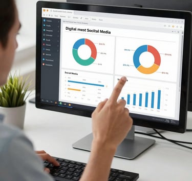 A close-up of a digital marketing specialist in a North American / Mexican office analyzing social media metrics on a dual-monitor setup, clean and professional desk with a small plant.